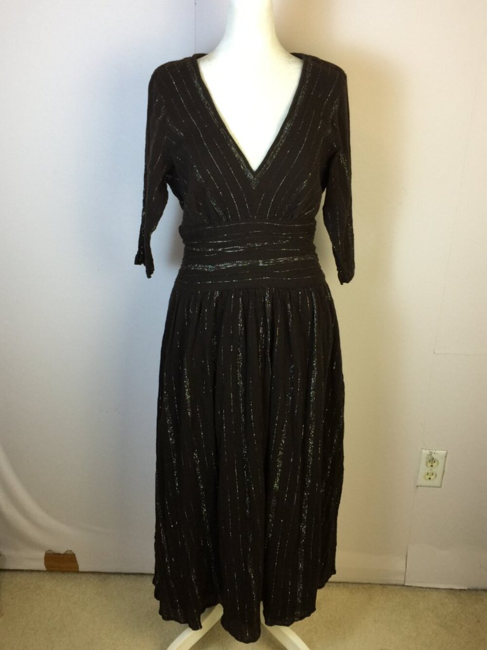 Eshakti Midi Dress Size S Womans Brown Crinkle Striped Metallic Smocked Waist